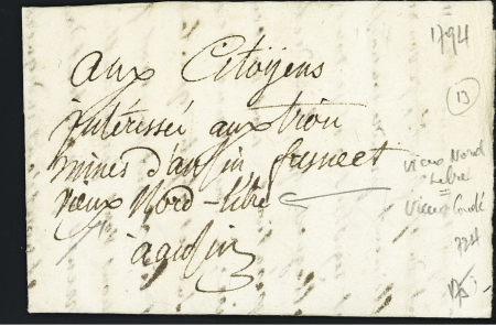 Vieux-Condé : lettre de 1794 adressée à Vieux Nord libre (nom révolutionnaire de Vieux Condé). TB