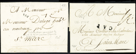 2 MP diff "CAP" de Saint Domingue : Jamet n°10 (1782 avec texte sur l'escadre du Comte de Guichen) et n°6 (1787 pour Saint Marc). TB