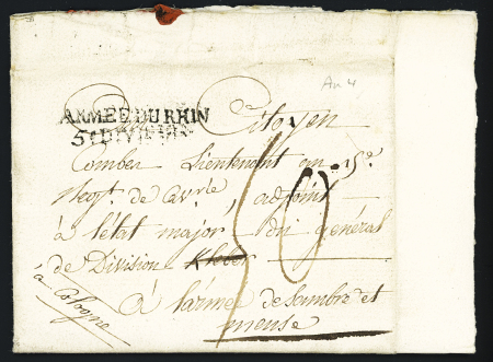 Lettre de l'an 4 avec au recto MP "Armée du Rhin 5e division" et au verso "DEBsé Bau F Sambre et Meuse" , B / TB