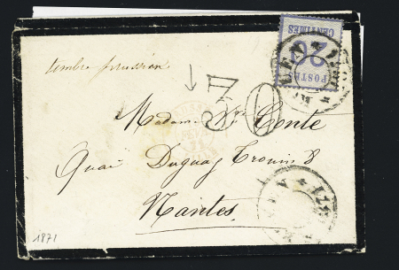 Alsace Lorraine n°6 OBL cachet provisoire allemand "Rouen 1871" sur env de deuil pour  Nantes avec taxe allemande 30 double-trait. TB