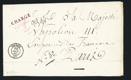 Lettre non affranchie avec CAD T15 "Seyssel (1)" (1860) adressée à "Sa Majesté Napoléon III Empereur des Français-Paris" avec griffe partiellement manuscrite "chargé d'office". TB