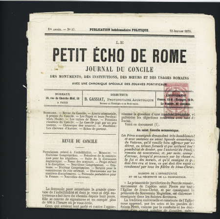 Journaux n°9, 2c rose, OBL typo sur journal "Le Petit Echo de Rome" (23 janv 1870). TB