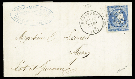 N°45, 20c Bordeaux, OBL GC 1645 + T16 "Gérardmer (82)" (10 mars 70) sur lettre pour Agen (réapparition des timbres français dans les Vosges pendant la période éphémère du 6 au 11 mars 1871). TB