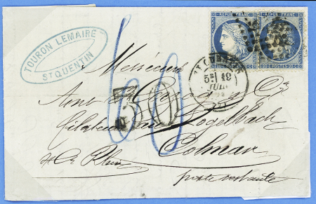 N°37, 2 pièces, OBL GC 3827 + T17 St Quentin (19 juin 71) sur lettre en double port pour Colmar avec taxe 30 double-trait en noir rayée et remplacée par une taxe 60 allemande au crayon bleu (triple port). TB