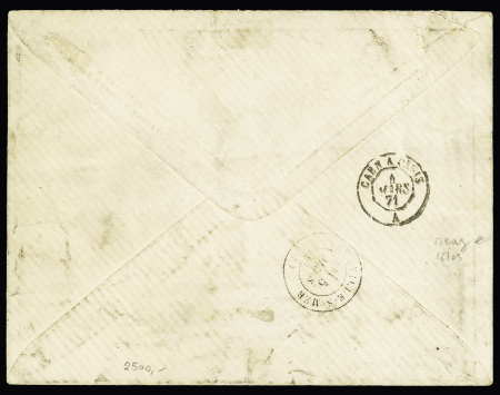 N°29 OBL étoile 20 + CAD "Paris R. St DOMque St Gn 53" (2 mars 71) sur lettre pour Trouville sur Mer avec taxe tampon 2 clouté (voir l'ouvrage de JP Bournique sur l'Alsace Lorraine 1879 - 1872 page 87). Seulement 2 pi