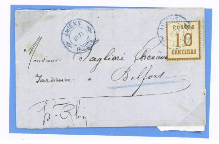 Alsace n°5 OBL petit cachet de fortune rond bleu "Amiens postes 1871" répété à côté sur lettre pour Belfort (tarif zone occupée). TB