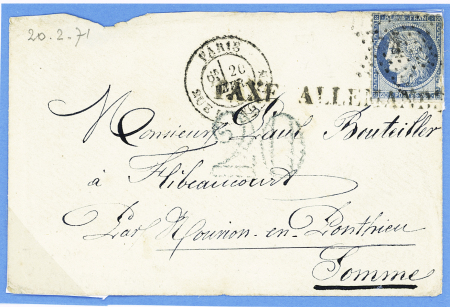 N°37 OBL étoile 1 + CD "Paris Pl. de la Bourse" (1 fev 71) sur lettre pour Amiens avec griffe noire "taxe allemande" de 62mm et taxe 20 au crayon bleu et au verso arrivée 8 fev 71. TB