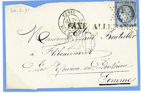 N°37 OBL étoile 4 + CAD "Paris rue d'Enghien" (20 fev 71) sur lettre pour Thibeaucourt (Somme) avec griffe noire "taxe allemande" de 62mm et taxe allemande 20 bleu DT. TB
