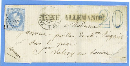 N°29 OBL étoile 14 + CAD "Paris R. de Strasbourg" (17 fev 71) sur lettre pour St Valery sur Somme avec griffe noire "taxe allemande" de 62mm et taxe allemande 20 double-trait en bleu (arrivée 18 fev). TB