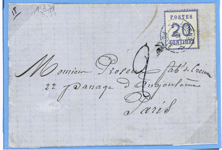 Alsace n°6 OBL CAD bleu "Amiens 1871 poste" (1er mars 1871) sur lettre pour Paris avec taxe 2 tampon noir façon manuscrite. TB