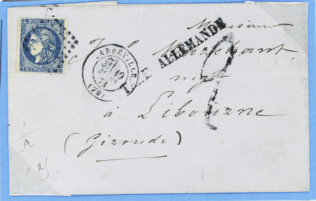N°46 OBL PC du GC 85 + T17 Abbeville (10 mars 71) sur lettre pour Libourne avec griffe noire "taxe allemande" d'Abbeville (50)mm et taxe 2 tampon façon manuscrite. TB