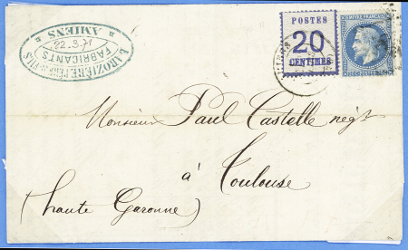 Lettre d'Amiens pour Toulouse AFF n°29 OBL GC + Alsace n°6 OBL T17 Amiens (22.3.71). TB