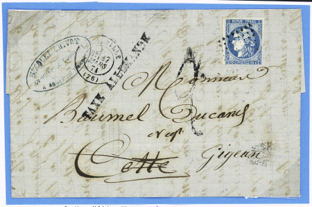 N°46 OBL PC du GC1 + T17 Abbeville (17 mars 71) sur lettre pour Cette réexpédiée à Gigean avec griffe noire  "taxe allemande" (50 mm - type d'Abbeville), taxe 2 façon manuscrite, certificat RHP. TB