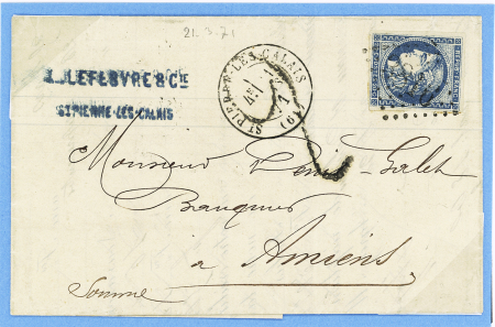 N°45 OBL GC 3816 + T17 "St Pierre les Calais (61)" (1 mars 1871) sur lettre pour Bordeaux avec taxe 2 tampon façon manuscrite. TB
