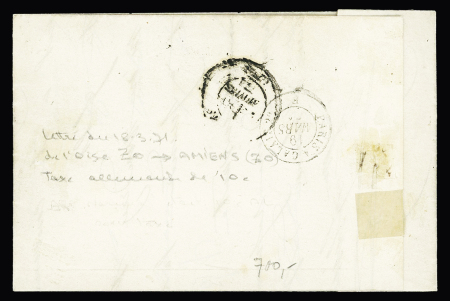 N°45 OBL GC 2324 + T17 "Méru (58)" (18 mars 71) sur lettre pour Amiens avec taxe tampon 10c de confection locale apposée à l'arrivée. Jolie pièce