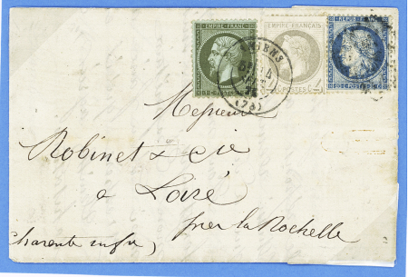 N°19 + 27 + 37 OBL GC 456 + T17 Amiens (14 sept 71) sur lettre pour Loiré par La Rochelle. TB
