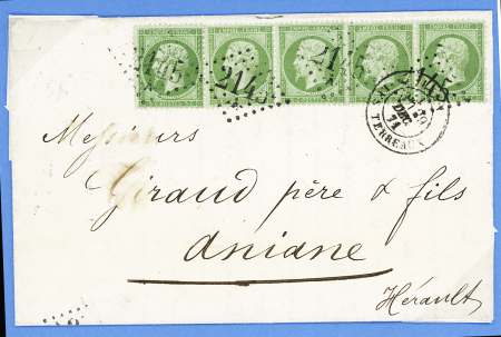 N°20, 5c vert, bande de 5, OBL GC 2145A + T17 "Lyon les Terreaux" (29 dec 71)  sur lettre pour Aniane (Hérault). TB