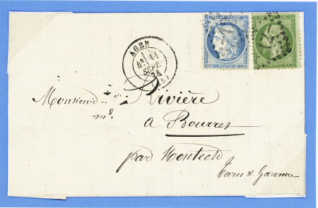 N°20 + 37 OBL GC 12 + T17 "Agen (45)" (11 sept 71) sur lettre pour Montech (Tarn et Garonne). TB