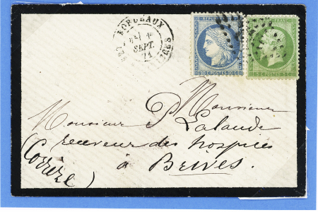 N°20 + 37 OBL GC 532 B + T17 "Bordeaux les Salinières" (1 sept 1871 - 1er jour du tarif à 25c) sur lettre de deuil pour Brive. TB
