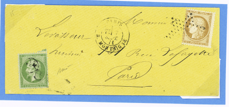 N°35, 10c bistre OBL étoile 9 + CAD "Paris R. Montaigne (7 sept 71) + n°20 OBL cachet de facteur sur lettre de Paris pour Paris. TB