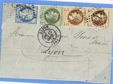 N° 25 + 26 en paire + 37 OBL GC 1307 + T17 "Dijon (20)" (10 sept 71) sur lettre pour Lyon. TB