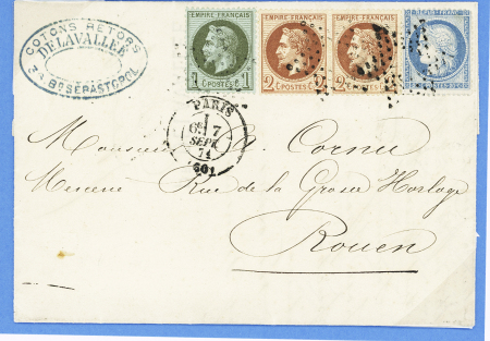 N°25 + 26 en paire + 37 OBL étoile évidée + CAD "Paris (60)" (7 sept 71) sur lettre pour Rouen. TB