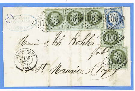 N°25, bande de 3 + 2 pièces + n°37 OBL GC 3106 + T17 "Remiremont (82)" (16 sept 71) sur lettre pour Saint-Maurice (Vosges). TB