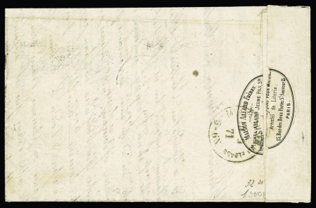 N°25 + 27, 6 pièces, OBL étoile 16 + T17 R. de Palestro (9 sept 71) sur lettre pour Mulhouse avec taxe allemande 20 bleu façon manuscrite. Jolie pièce, RR