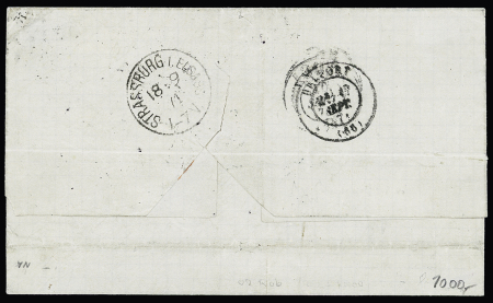 N°25 + 27 + 41 OBL GC 2145 + CAD "Lyon les Terreaux" (15 sept 71) sur lettre pour Strasbourg avec GC 2145 + CAD "Lyon les Terreaux" (15 sept 71) pour Strasbourg avec taxe allemande 20 façon manuscrite. TB
