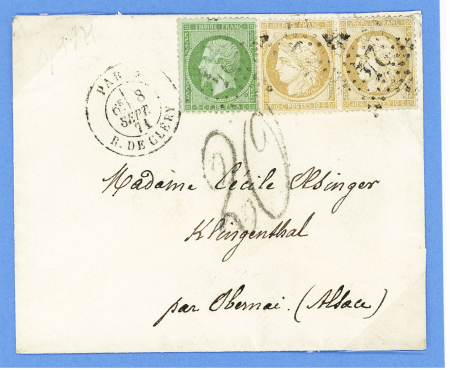 N°20 + 36 en paire OBL étoile 24 + CAD "Paris R. de Cléry" (8 sept 71) sur lettre pour Obernai avec taxe 20 tampon façon manuscrite. TB