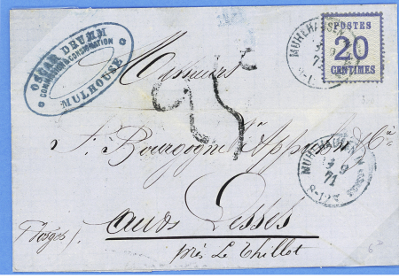 Alsace n°6 OBL CAD "Muhlhausen im Elsass" (28.9.71) sur lettre pour Le Thillot avec taxe française 25c façon manuscrite. TB