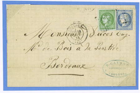 N°37 + 42 OBL GC 3982 + T17 Toulouse (14 sept 71) sur lettre pour Bordeaux. TB