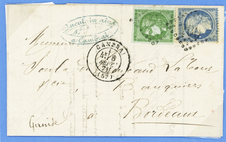 N°37 + 42 OBL GC 709 + T17 "Cambrai (57)" (8 sept 71) sur lettre. TB