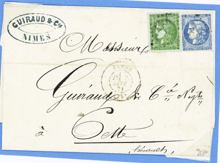 N°42 + 46 OBL GC 2659 + T17 "Nimes (29)" (7 sept 1871) sur lettre. TB