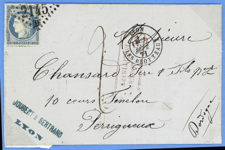 N°37 OBL GC 2145 + CAD "Lyon les Brotteaux" (2 sept 71) sur lettre pour Périgueux avec taxe 2 manuscrite + griffe encadrée "affranchissement insuffisant" pour lettre remise après le 1er septembre. TB