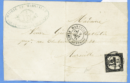 Lettre locale de Marseille pour Marseille avec CAD "Marseille place centrale" (9 sept 71) et timbre taxe n°3 OBL CAD "1 Marseille 1 (12)". TB