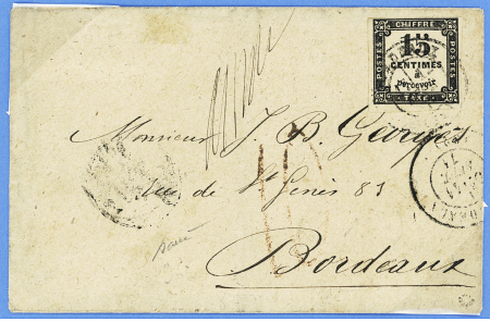 Lettre non affranchie de Bordeaux pour Bordeaux avec timbre-taxe n°3 OBL Bordeaux (12 nov 1871) et taxe manuscrite 10 au  crayon rouge. TB