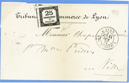 Lettre non affranchie à en-tête du Tribunal de Commerce de Lyon pour Lyon avec CAD "Lyon les Terreaux" (11 oct 71) et timbre-taxe n°5, 25c noir. TB