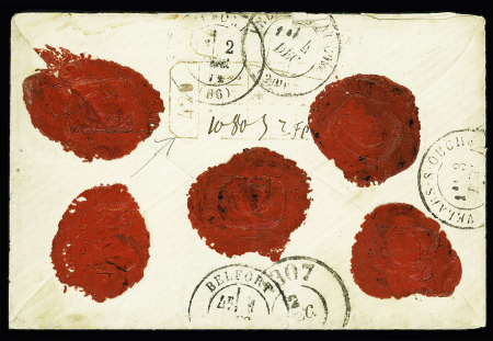 Alsace n°6 en paire OBL CAD "Gebweiler" (1.12.71) sur lettre chargée avec étiquette de recommandation rouge "recommandirt n°818" pour Velars sur Ourche (Côte d'Or) avec taxe manuscrite 9 au recto. TB