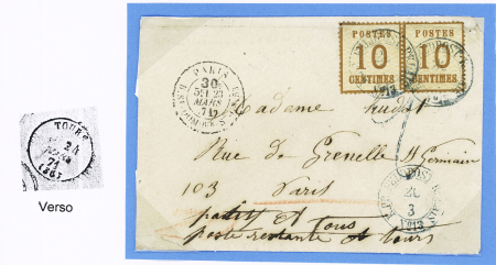 Alsace n°5 en paire (pli) OBL CAD rond bleu "K. PR feldpost-relais n°13" (20.3.71) sur lettre de Bar le Duc pour Paris avec CAD taxe "Paris R. St DOMque St Gn 53 - 30c" (23 mars 71). Association rare. TB