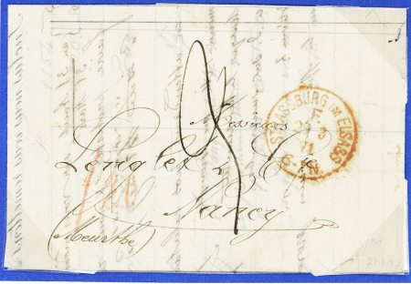 Lettre avec CAD rouge "Strassburg im Elsass F" (29.3.71) avec taxe 3 manuscrite et mention au crayon rouge "F.20" (confirmation de règlement). TB