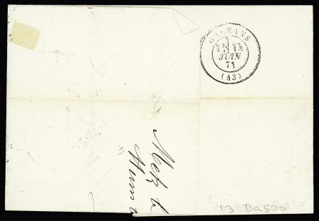 N°29 OBL losange de points ambulant "PS 2°" + CAD noir "Metz (13.6.71) + CAD violet "Metz F" (13.6.71) sur lettre pour Orléans non taxée à l'arrivée avec marque "20" au crayon rouge pour confirmation du paiement en
