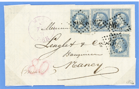 N°29, 4 pièces, OBL GC 2598 (Nancy) sur lettre en triple port de Metz à Nancy avec CAD violet "Metz F" (7.6.71) et mention "80" en rouge pour confirmation de paiement. TB