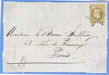 Lettre en double-port de Metz à Paris réglée en numéraire avec n°31, 40c orange OBL étoile muette évidée bleue, à côté CAD violet "Metz F" (27.6.71) avec mention "40" côté allemand au crayon rouge. TB