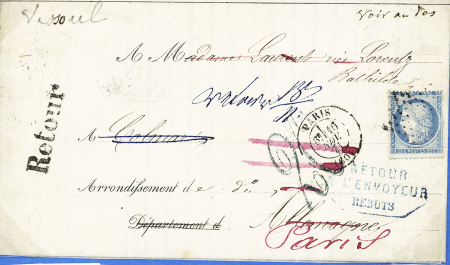 N°60 OBL étoile muette + CAD "Paris (60)" (16 nov 71) sur lettre pour Colmar réexpédiée à Paris avec taxe tampon "20c" annulée à la plume et griffe bleue "retour à l'envoyeur rebuts". TB
