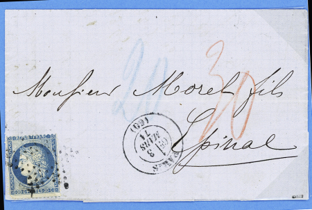 N°37 OBL étoile muette évidée + CAD "Paris (60)" (3 mars 71) sur lettre pour Epinal avec taxes 20 au crayon bleu et 30 au crayon rouge. TB