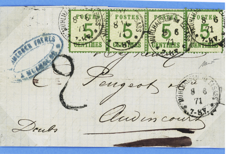Alsace n°4, bande de 4 OBL CAD "Muhlhausen im Elsass" (8.6.71) sur lettre pour Audincourt (Doubs) avec taxe 2 tampon noire. TB
