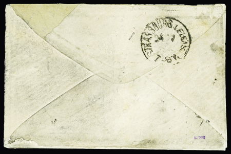 N°36 + 37 OBL étoile muette évidée + CAD "Paris (60)" (21.7.71) sur lettre suraffranchie à 30c pour Strasbourg + Alsace n°5 + 6 annulés au crayon bleu + taxe 30 double - trait en noir remplacé par une taxe 15 au