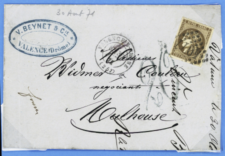 N°47 OBL GC 4077 + T17 Valence-s-Rhone (30.8.71) sur lettre suraffranchie à 30c au lieu de 20, avec taxe 20 tampon pour les postiers allemands. TB