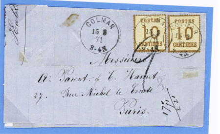 Alsace N°5, 2 pièces, OBL CAD "Colmar" (15.8.71) sur lettre pour Paris avec taxe 2 tampon façon manuscrite apposée par les postiers français. TB